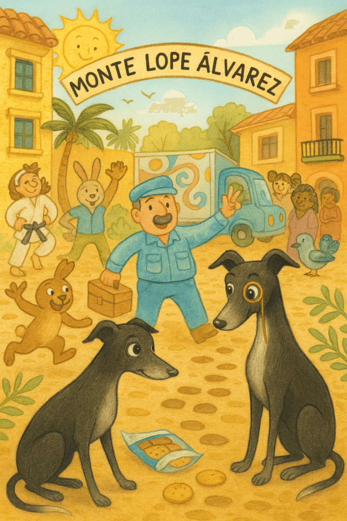 Cartoon-style illustration of a sunny Spanish plaza with greyhound detectives Issy and Poppy sniffing muddy pawprints. Quirky villagers, a water tanker, and animal sidekicks surround them as they investigate a mystery in Monte Lope Álvarez. Warm colours, playful characters, and Mediterranean buildings create a whimsical storybook scene.