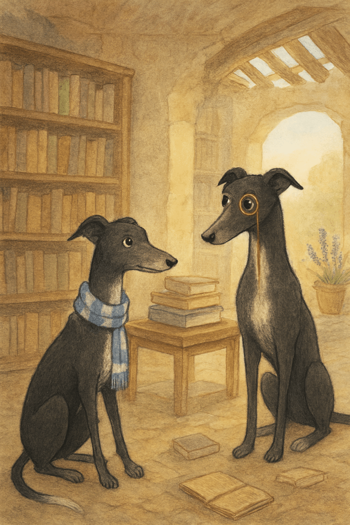 Illustration of two anthropomorphic greyhound-like dogs in a cozy, rustic library. One wears a blue and white checkered scarf, the other has a monocle. They sit facing each other on the floor with a wooden table and scattered books between them. Behind them is a tall bookshelf and a stone archway leading to a sunlit area with a potted lavender plant. The room glows with warm, earthy tones and soft lighting.