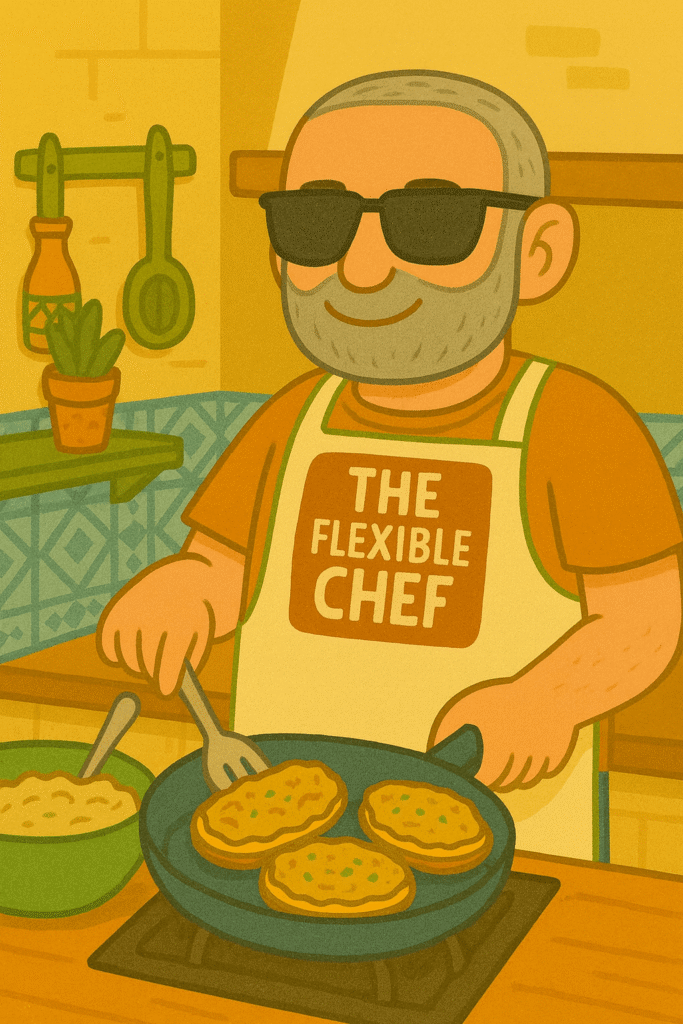 A cheerful cartoon chef with sunglasses and a beard—The Flexible Chef—fills golden potato skins with a meat mixture in a rustic Andalusian kitchen. Blue patterned tiles, terracotta floors, and hanging wooden utensils frame the scene.