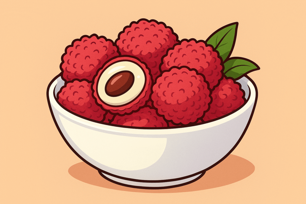 Illustration of fresh lychees in a white bowl.