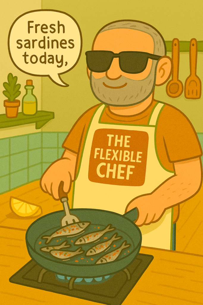 Cartoon of The Flexible Chef frying breadcrumbed sardines on a gas hob in a rustic kitchen, wearing sunglasses and apron, with a speech bubble saying ‘Fresh sardines today.’
