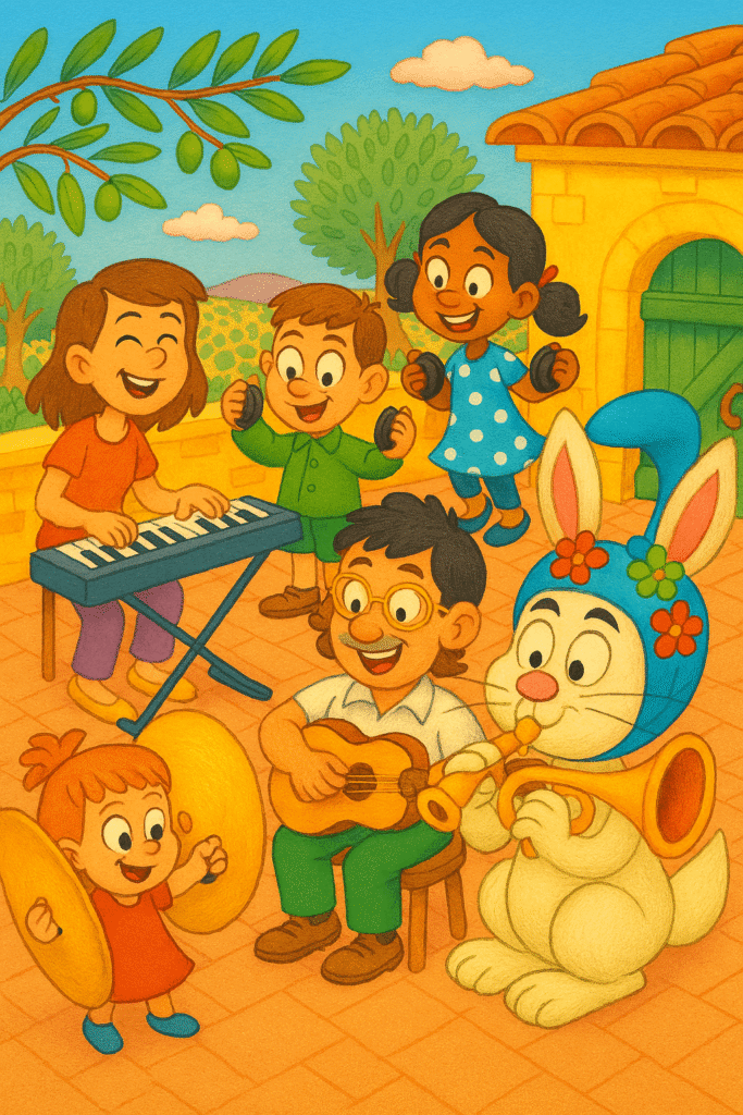 Cartoon-style rooftop terrace scene in sunny rural Spain. Titi plays keyboard, Antonio Chispa strums guitar, Juanito and Christina clap castanets, Little Laura crashes oversized cymbals, and Jasper the bonkers rabbit blows a trumpet in a floral swim cap. Olive trees and warm village colours surround the joyful, kid-friendly musical moment.