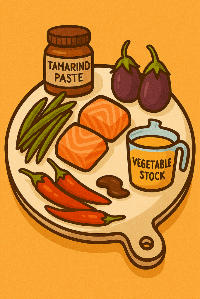 Salmon, green beans, baby aubergine, tamarind paste and vegetable stock — Salmon Sinigang recipe — The Flexible Chef
