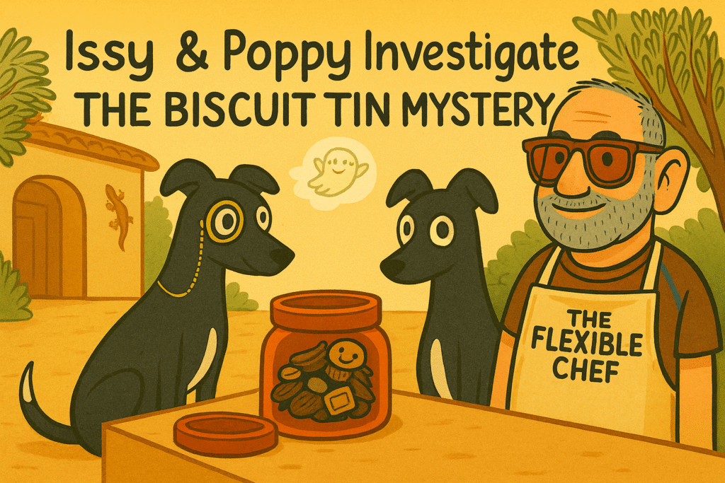 Cartoon illustration of two black greyhounds investigating a red biscuit tin with a ghost gerbil floating above it. An older chef with grey stubble and sunglasses stands nearby wearing an apron labeled “The Flexible Chef.” Set in a Mediterranean courtyard with olive trees and a warm yellow sky. Text reads: “Issy & Poppy Investigate: The Biscuit Tin Mystery.”