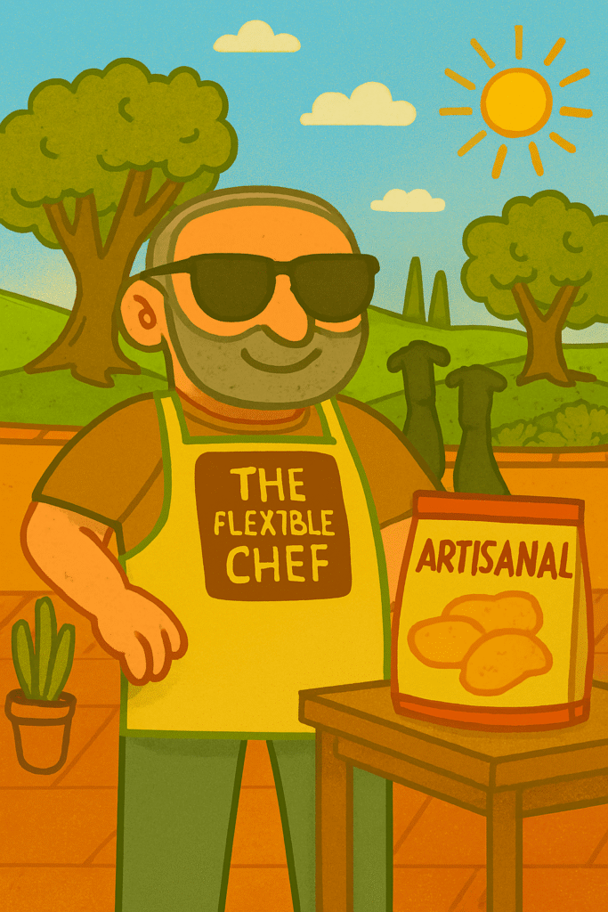 The Flexible Chef standing in a courtyard surrounded by countryside and two black greyhounds. On a table is a large bag of potato crisps labelled ATISANAL.