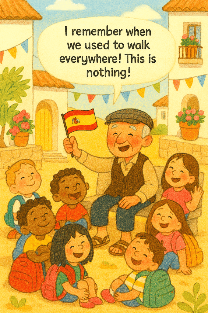 Cartoon-style illustration of Eusebio Cañaveras, a joyful elderly man waving a Spanish flag, surrounded by smiling children resting after a charity walk in a sunny Andalusian village plaza. Whitewashed buildings, bunting, and flower pots create a warm, festive atmosphere.