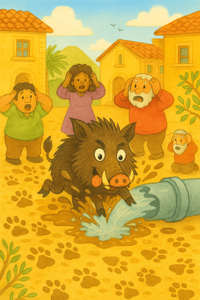 Cartoon of a wild boar splashing through a broken pipe in a sunny Spanish village. Villagers look shocked.