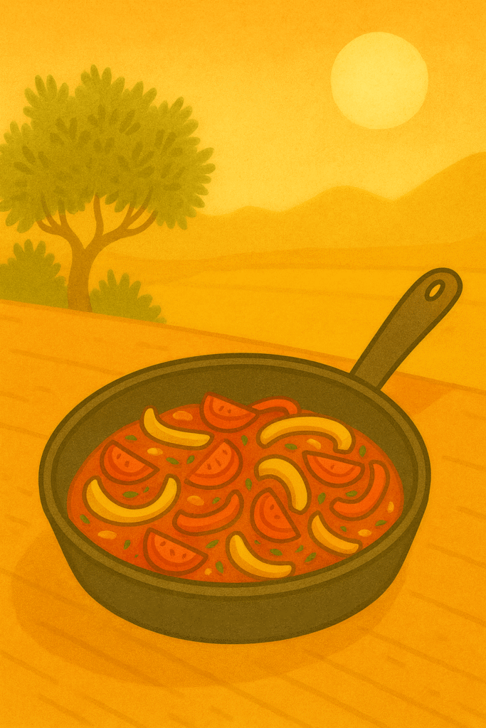 Rustic pepper and tomato stew in a black pan, glowing with sunset colours—Piperade Andalusia in full bloom.