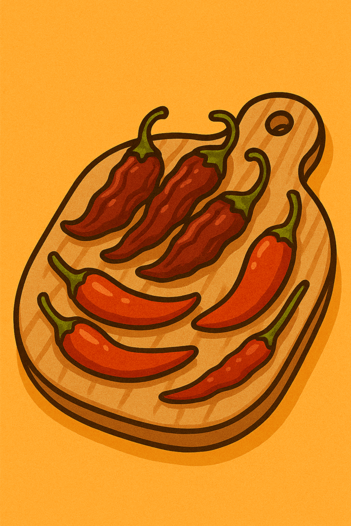 Fresh and dried red chillies on a wooden chopping board — Sinigang recipe — The Flexible Chef