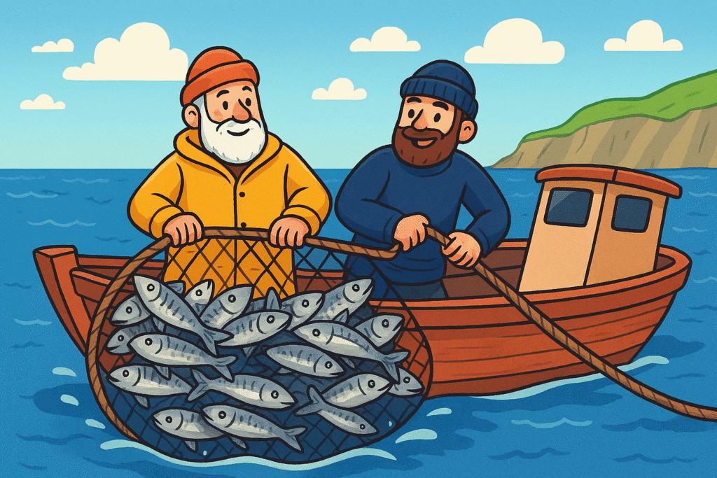 Cartoon of two fishermen off Cantabria coast hauling a net full of sardines aboard a wooden boat, with green cliffs and blue sea in the background.