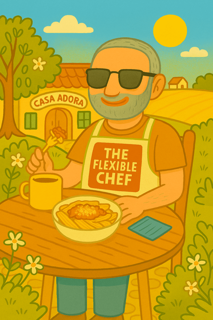 Whimsical cartoon of The Flexible Chef enjoying pasta in the sunny courtyard of Casa Adora, a rustic home in rural Andalucía. He’s smiling in sunglasses, wearing an apron that says “THE FLEXIBLE CHEF,” with a bowl of tomato-sauced penne in front of him. The scene is bright and pastel-toned, with wildflowers, golden fields, and a cosy Mediterranean vibe.