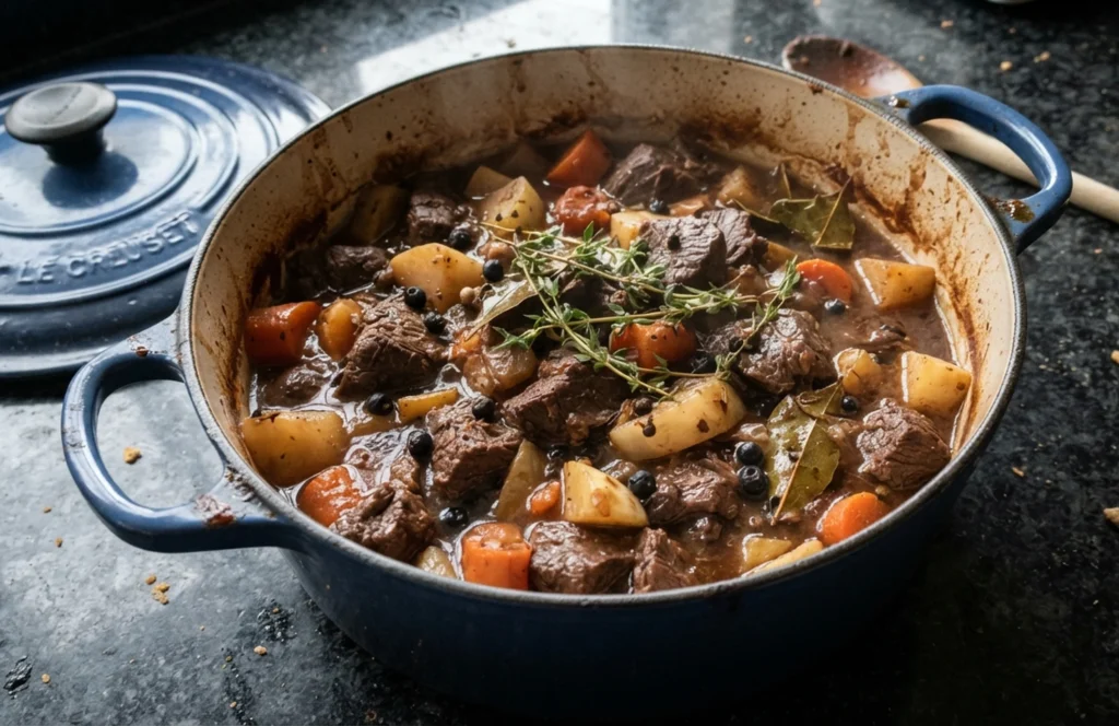 Slow-braised venison stew with root vegetables and juniper in a Marseilles blue Le Creuset casserole