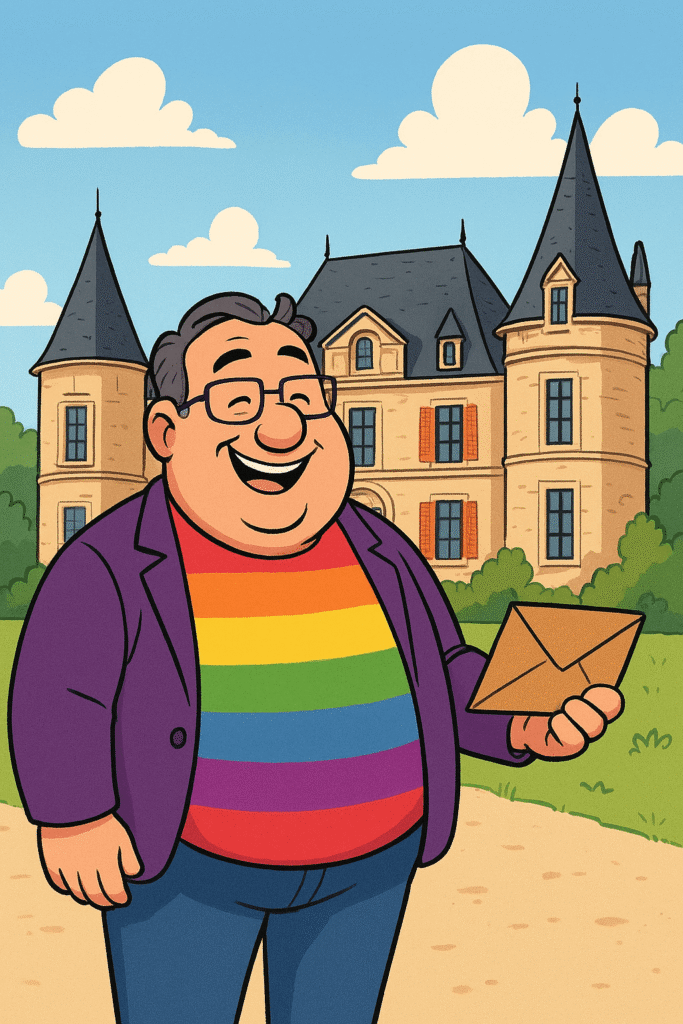 Rotund man wearing a rainbow colour top standing outside a French Château while holding a brown envelope in his hand.