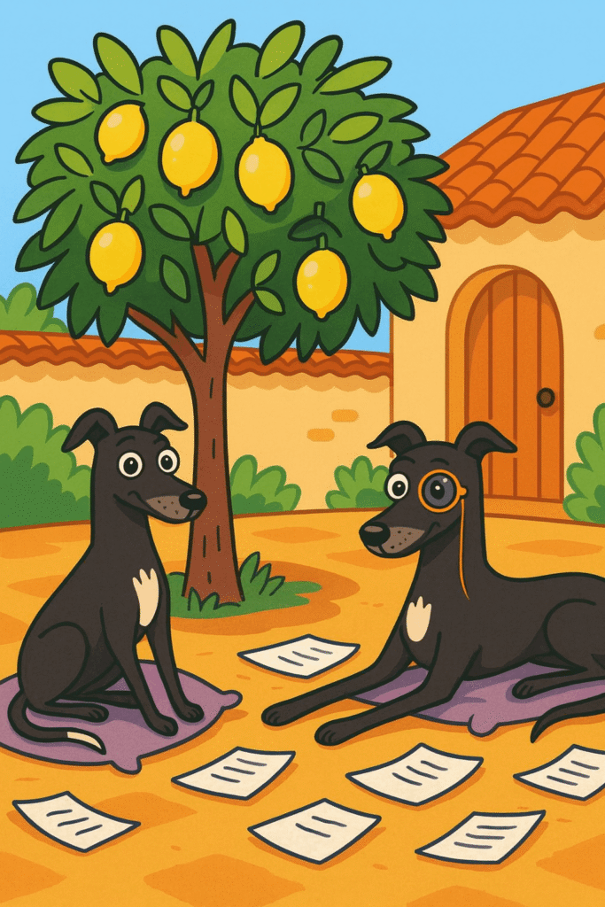Two sleek black dogs with white chest patches sit on purple mats under a lemon tree, surrounded by scattered papers. One wears a monocle, eyeing the other with detective-like focus. Behind them, a red-roofed village house and blue sky set the scene—Issy & Poppy deep in courtyard contemplation.