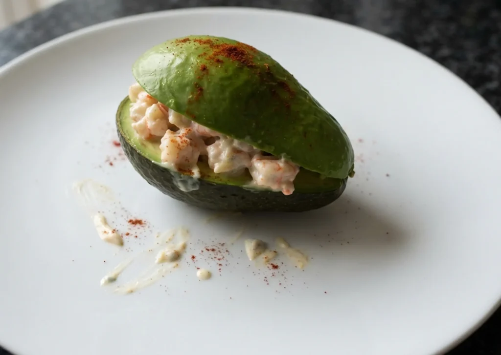 The Casa Adora stuffed avocado — a Christmas Day starter of langostinos in seafood dressing, reassembled and dusted with pimentón