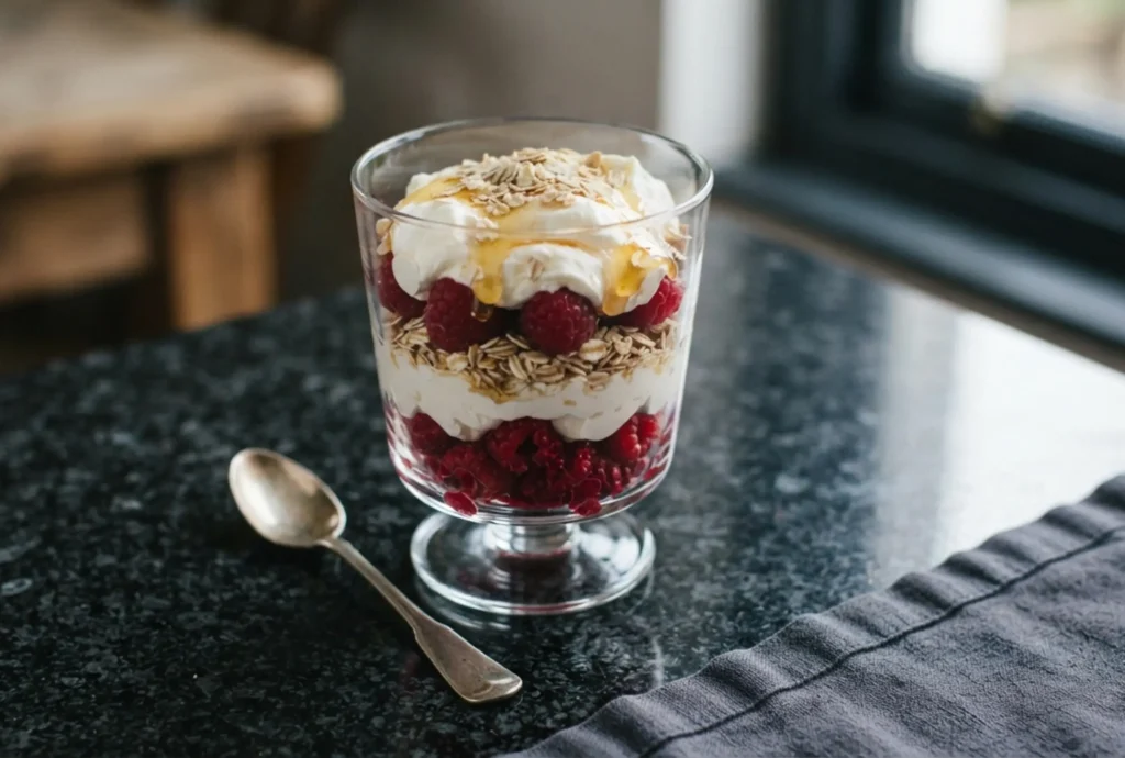 Cranachan recipe — layered raspberries, whipped cream, toasted oats and honey in a glass on a black speckled granite worktop