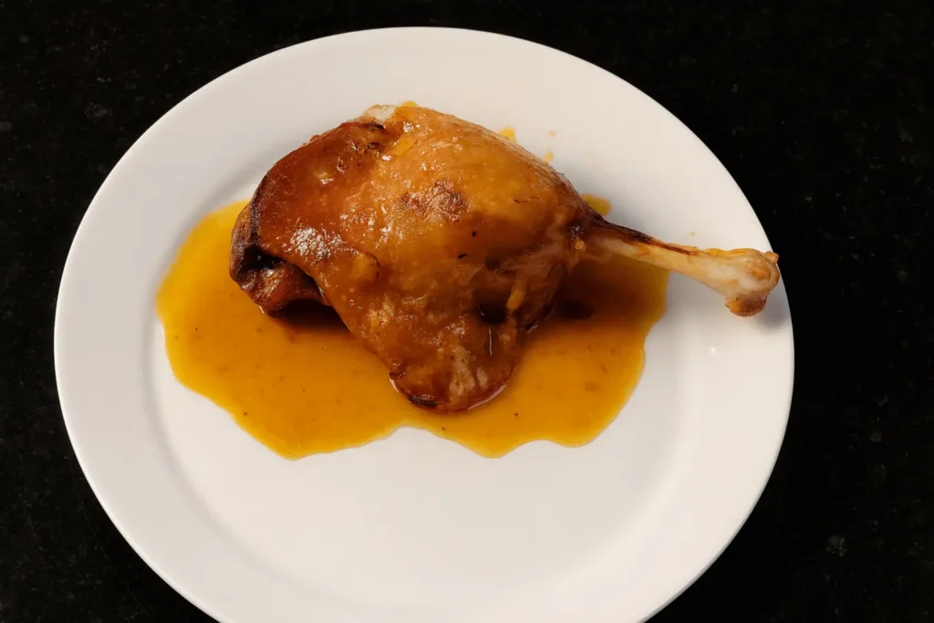 Duck confit with orange and cranberry sauce on a white plate — a Día de Reyes dinner for one at Casa Adora