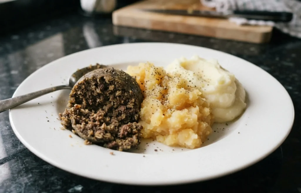 Haggis neeps and tatties — sliced haggis with golden mashed swede and smooth white mashed potato on a large white plate on a black speckled granite worktop