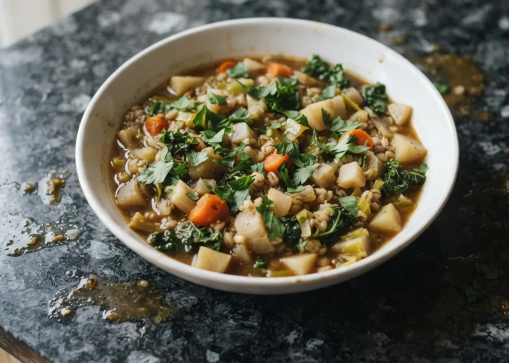 Pottage recipe — medieval vegetable and pearl barley stew with kale, carrots and leeks in a white bowl on a black granite worktop
