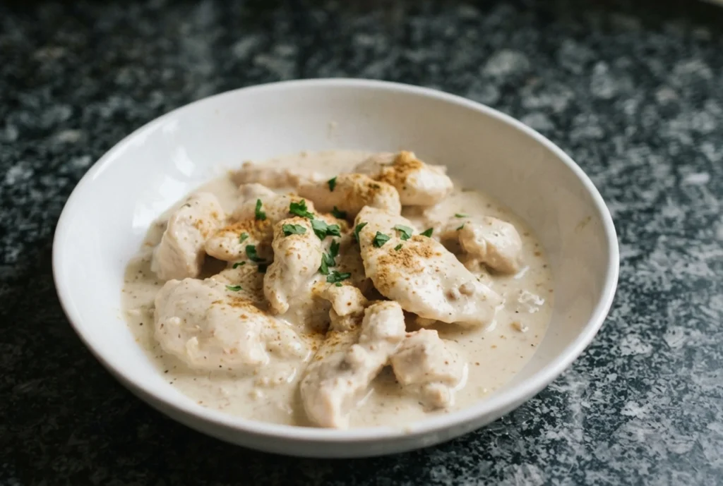 Blank Mang — medieval spiced chicken in almond milk sauce in a white bowl on a black granite worktop