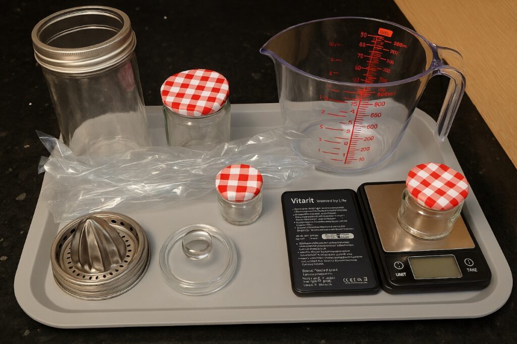 A tray of fermenting tools including empty glass jars, a digital scale, a measuring jug and a citrus juicer, ready for preparing small‑batch chilli ferments in the Casa Adora kitchen.