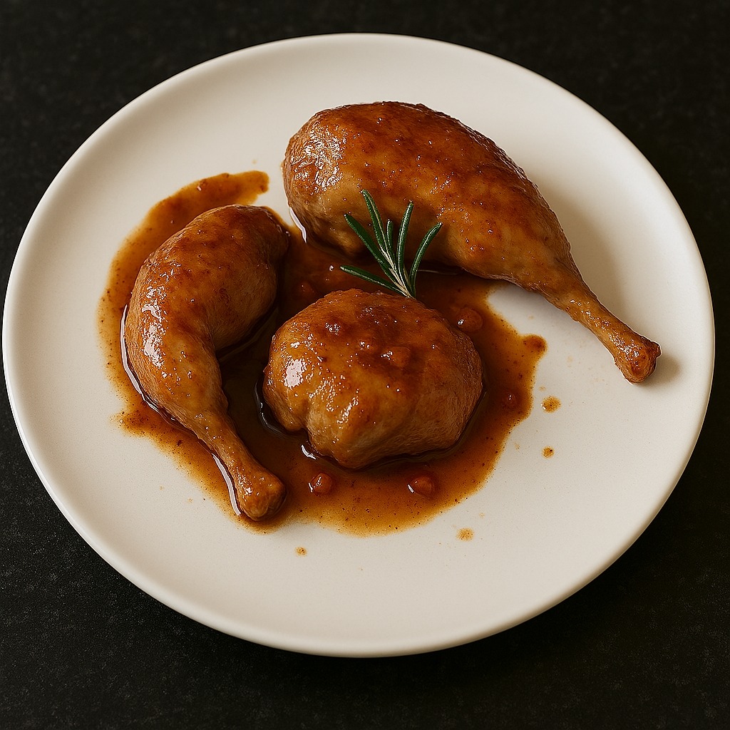 A white plate with three braised rabbit pieces coated in glossy brown rosemary-infused sauce, garnished with a sprig of rosemary. The sauce pools slightly around the meat. The plate sits on a black speckled granite worktop under soft natural kitchen light.