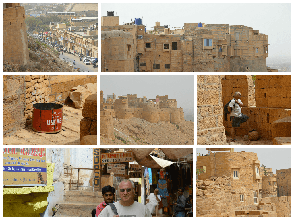 A montage of Jaisalmer Fort, Rajasthan — golden sandstone walls, bustling streets, a rubbish bin marked "Use Me", and the author navigating the market.