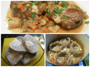 In search of perfect osso buco — finished dish on a plate, raw veal shin pieces on a counter, and osso buco cooking in a pan