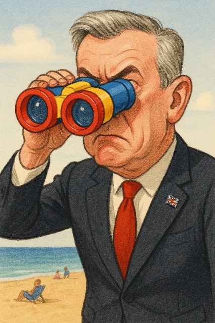 Caricature of Rupert Lowe, MP for Great Yarmouth and leader of Restore Britain, with oversized toy binoculars on a beach — as investigated by Issy & Poppy at Casa Adora, rural Andalucía.