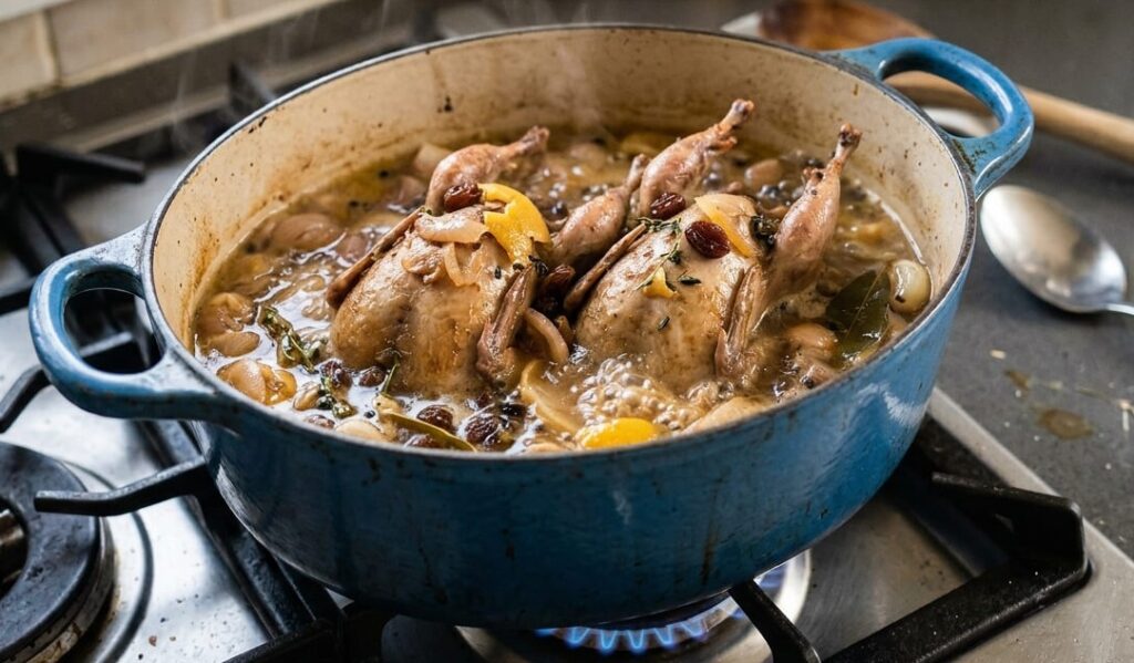 Two quail simmering in a blue Le Creuset pot with preserved lemon and raisins β one pot quail recipe β The Flexible Chef