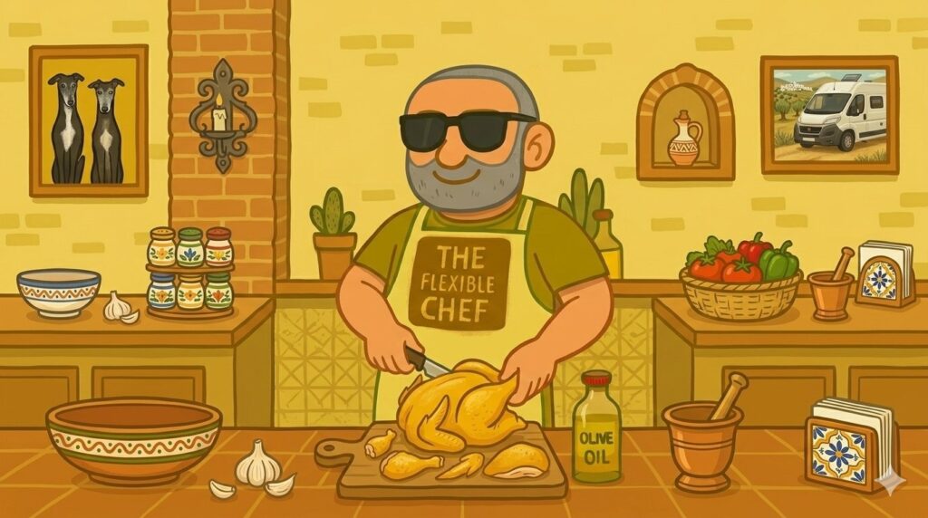 The Flexible Chef jointing a corn-fed chicken in his Andalusian kitchen — easy chicken dinner ideas — The Flexible Chef