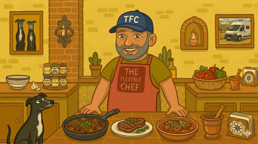 Bearded chef in a TFC baseball cap presenting a spread of beef and veal dishes with a greyhound looking on — beef and veal recipes — The Flexible Chef