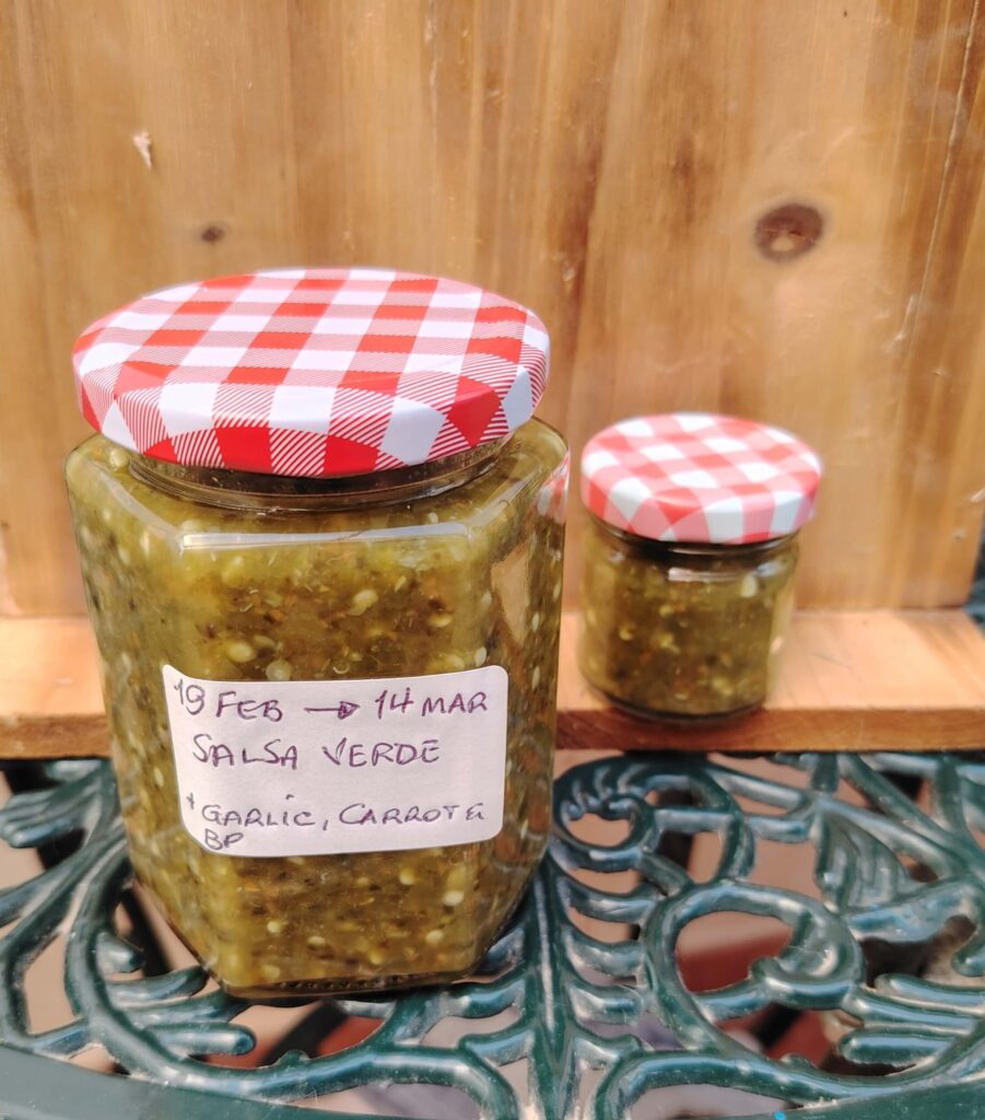 Two jars of homemade fermented green chilli sauce labelled 19 Feb to 14 Mar — lacto-fermented hot sauce — The Flexible Chef