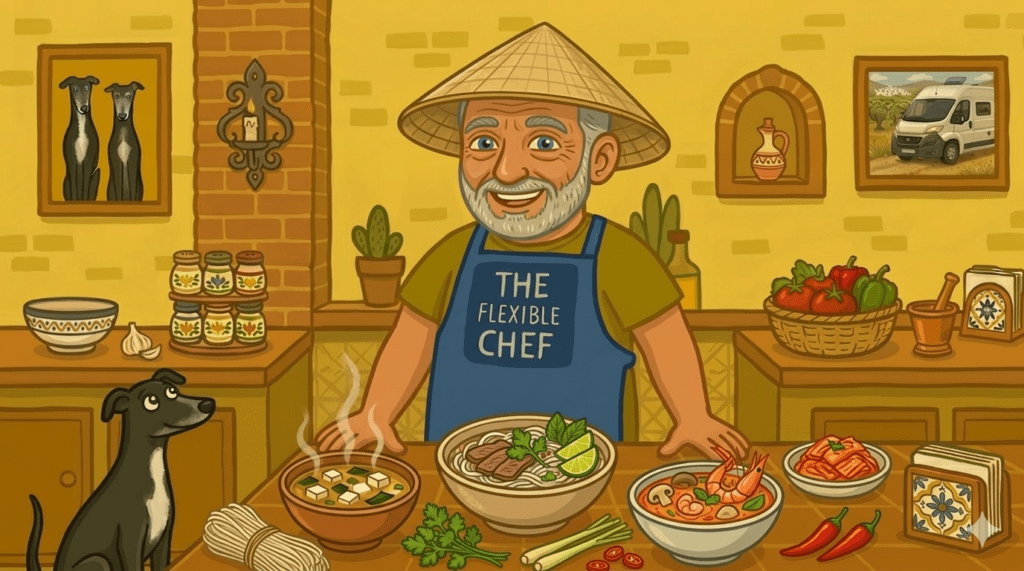 The Flexible Chef in a conical Vietnamese straw hat with three Asian soup bowls — miso, pho, and tom yum — and fresh ingredients at the Casa Adora kitchen counter — healthy Asian soup recipes — The Flexible Chef