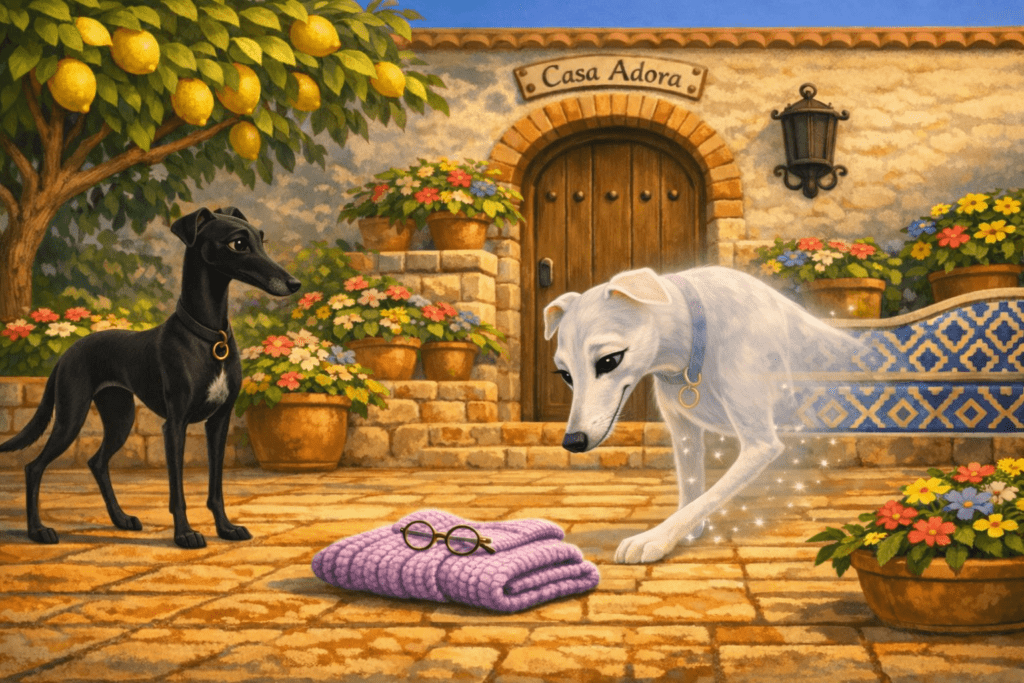 Issy the black greyhound and the ghost of Poppy in the courtyard at Casa Adora, Andalucia, with a lilac cardigan on the terracotta tiles
