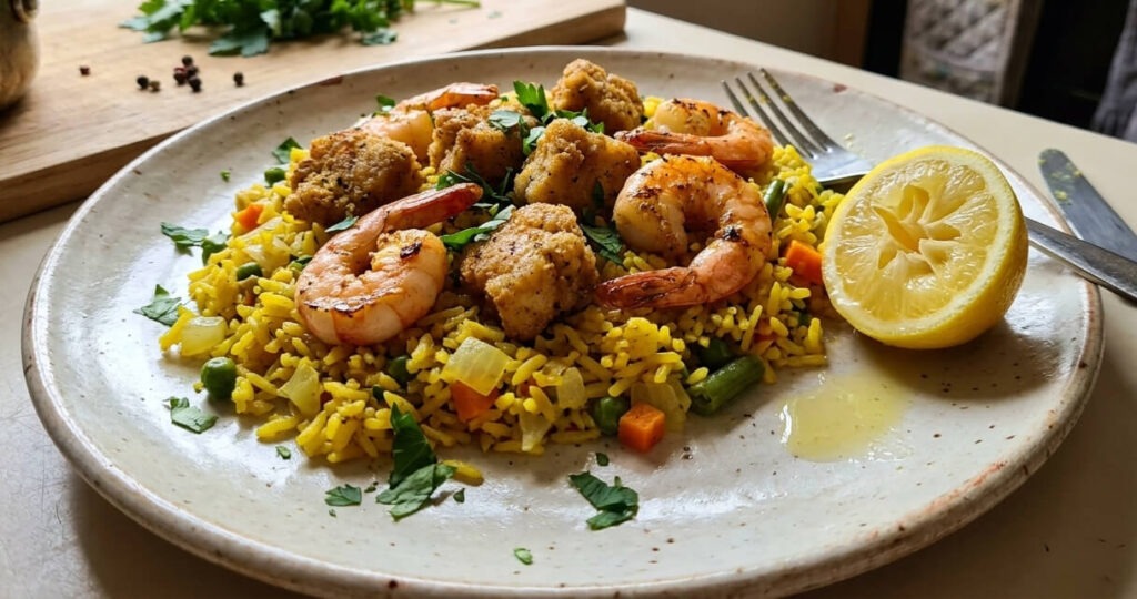 Marinated cazón and pink prawns on golden vegetable pilau rice with lemon and parsley — marinated cazón recipe — The Flexible Chef