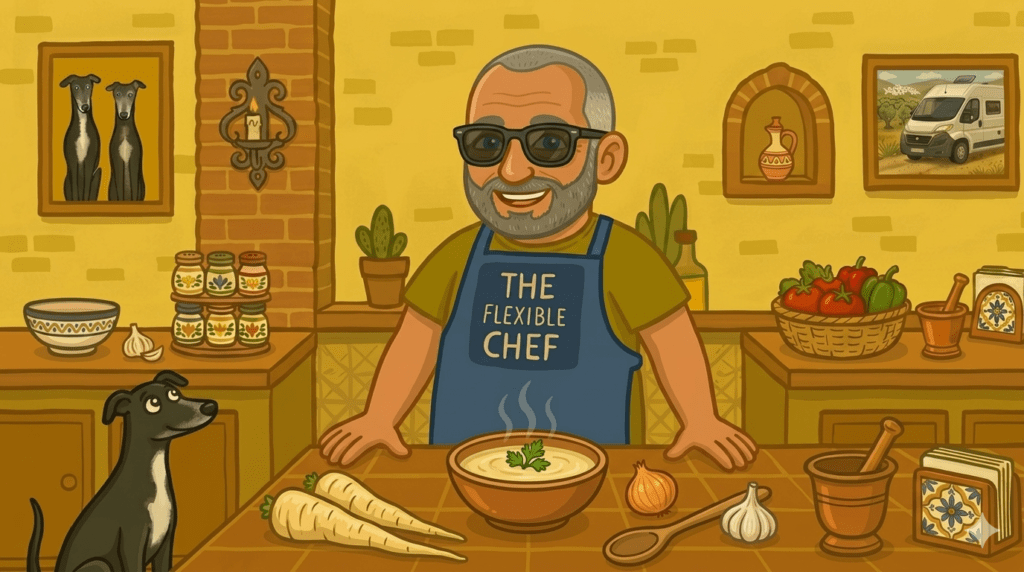 The Flexible Chef in sunglasses and a deep blue apron presenting a steaming bowl of creamy parsnip soup with fresh parsley, alongside two parsnips, an onion, and a garlic bulb — parsnip soup recipe — The Flexible Chef