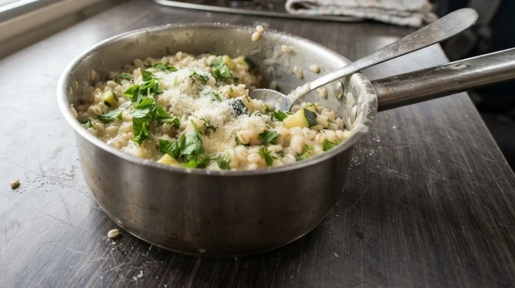 Pearl barley risotto with ghee, courgette and Parmesan in a van kitchen at Daimiel — The Flexible Chef