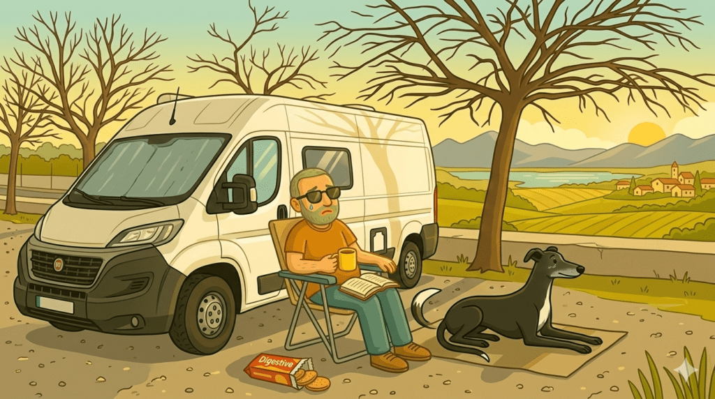 Illustration from pet loss kids story — a man sits in a folding chair beside his campervan with a cup of tea and Digestive biscuits, while his greyhound detective Issy rests on her mat overlooking a Spanish lagoon.