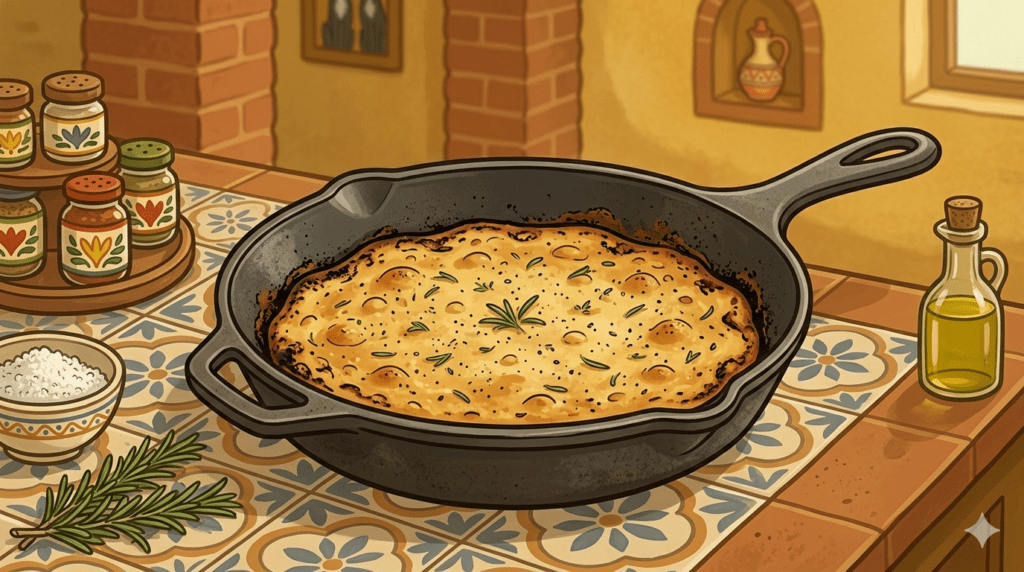 Golden socca flatbread in a cast iron pan with rosemary and olive oil on an Andalucian tiled worktop – socca flatbread – The Flexible Chef