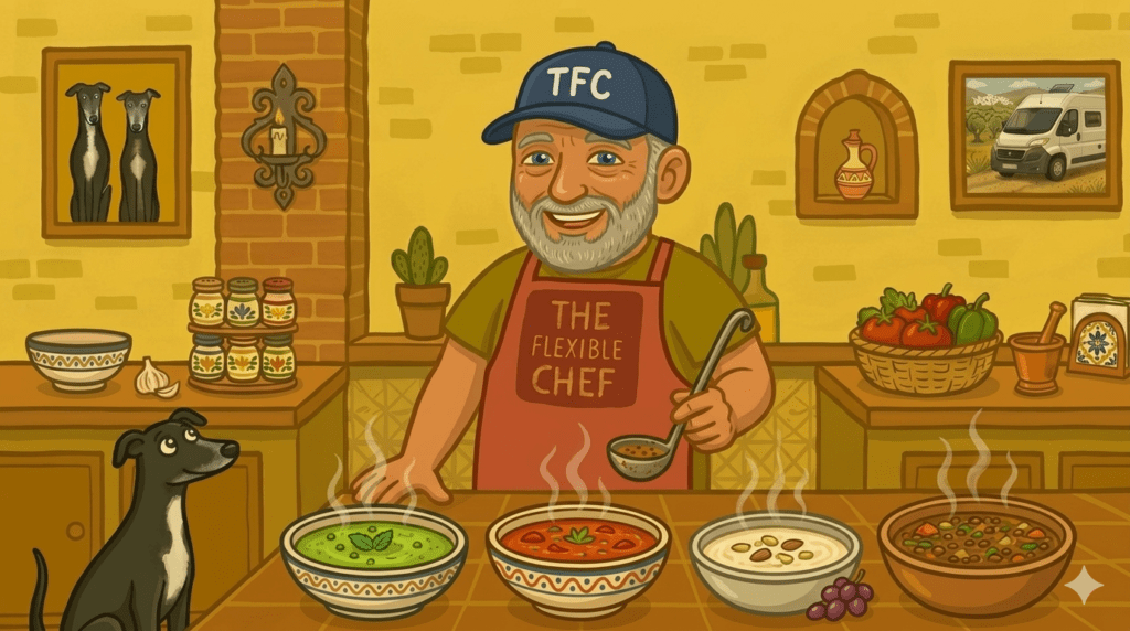 The Flexible Chef with four steaming bowls of soup in the Casa Adora kitchen — soup recipes — The Flexible Chef