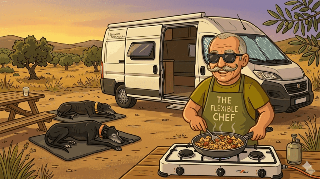 The Flexible Chef cooking smoky mince and pea pasta skillet outside a white Fiat Ducato campervan at Hermoso Campo, Extremadura — smoky mince and pea pasta skillet — The Flexible Chef