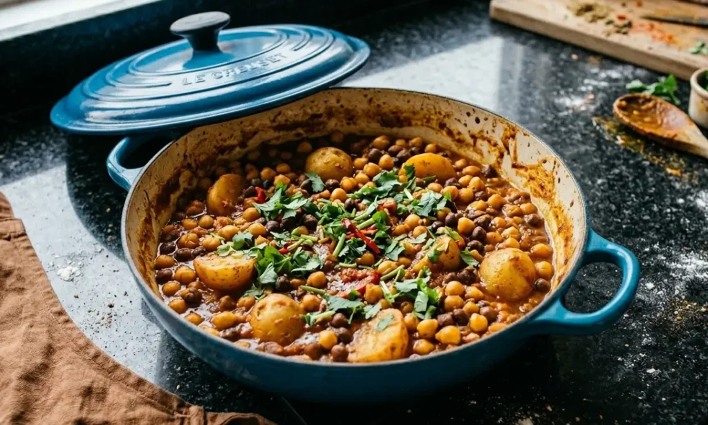 Chana masala chickpea curry in a blue Le Creuset pan on black speckled granite at Casa Adora — garnished with fresh coriander and red chilli