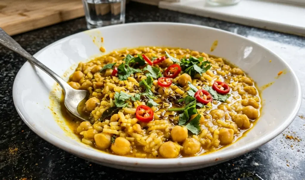 Chickpea khichdi with fresh red chillies, ginger and coriander in a white bowl