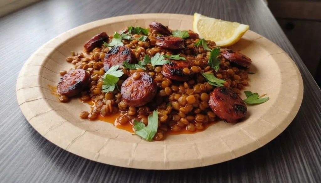 Chorizo lentils with lemon and parsley on a paper plate on a campervan table — The Flexible Chef