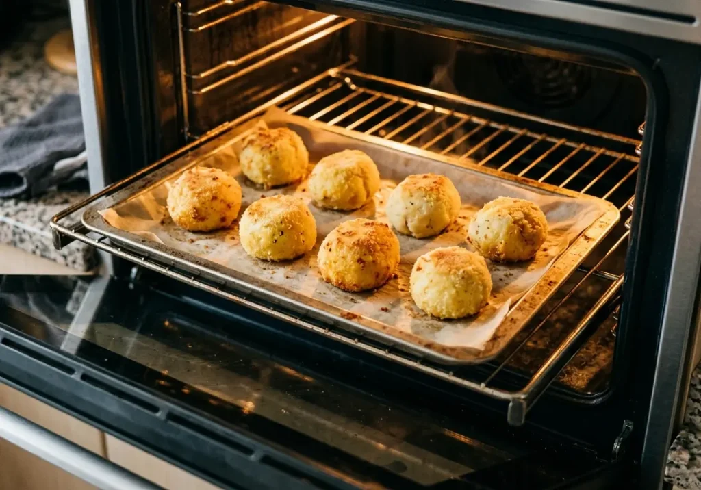 Crispy baked papas rellenas on a lined tray in the oven, golden and stuffed with spiced mince – papas rellenas – The Flexible Chef