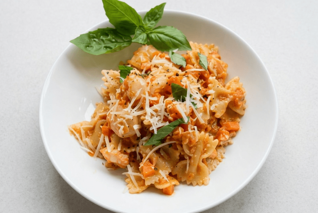 Farfalle pasta with smoked salmon, prawns, butternut squash and tangy tomato sauce – The Flexible Chef