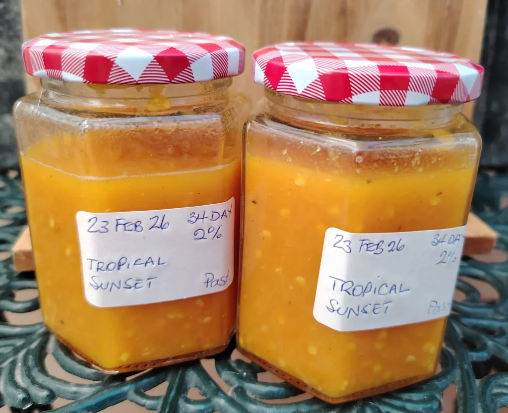Jars of Tropical Sunset fermented habanero hot sauce — fermented habanero hot sauce — The Flexible Chef