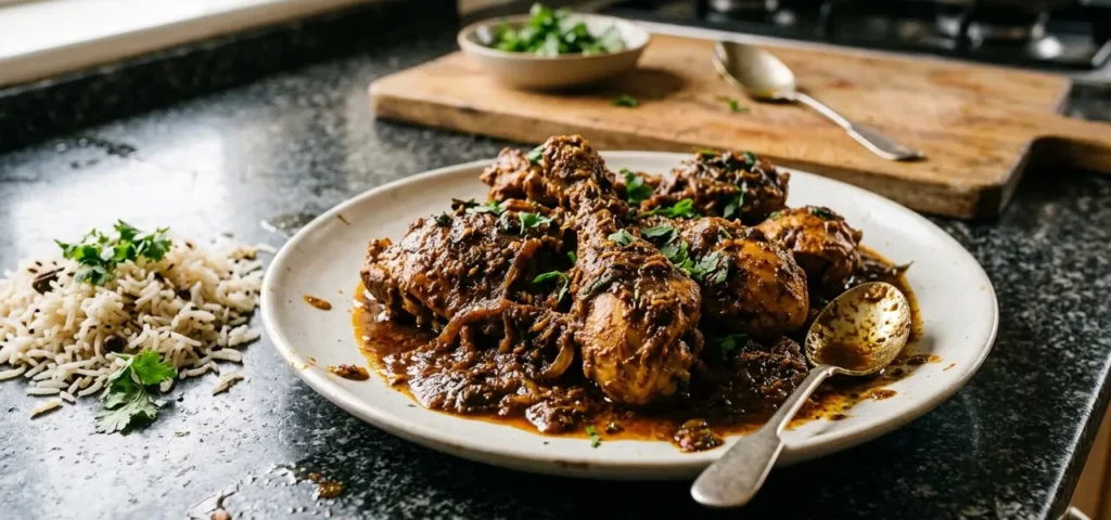 Goan Xacuti chicken thighs and drumsticks in a deep spiced sauce on a white plate with rice and fresh coriander on a black speckled granite worktop