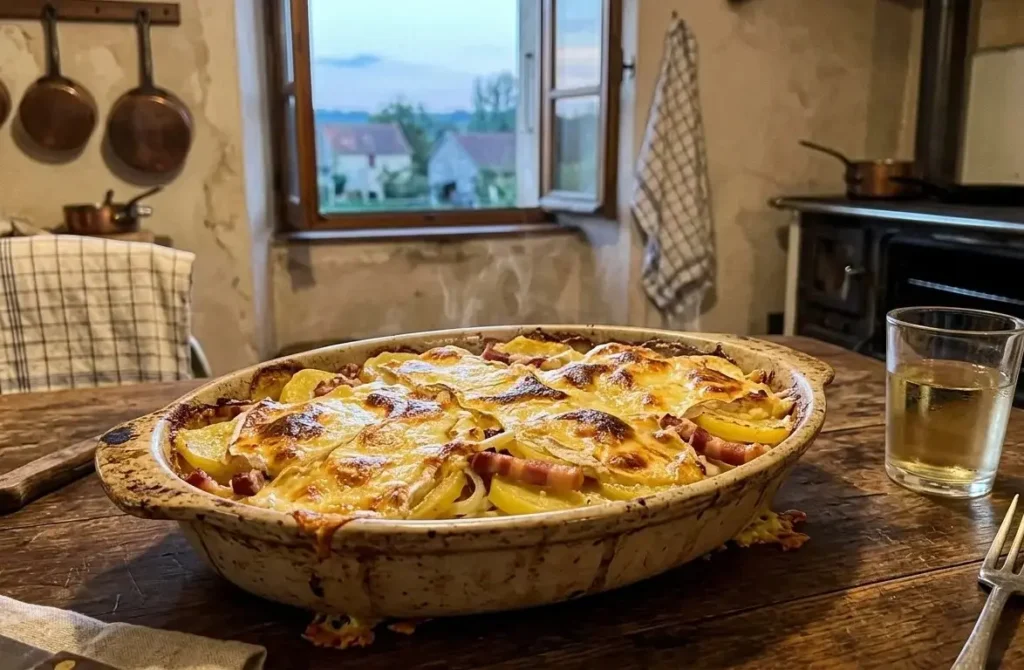 Tartiflette bubbling in a rustic dish in a French farmhouse kitchen, copper pans on the wall, white wine alongside and the Limousin countryside through the window